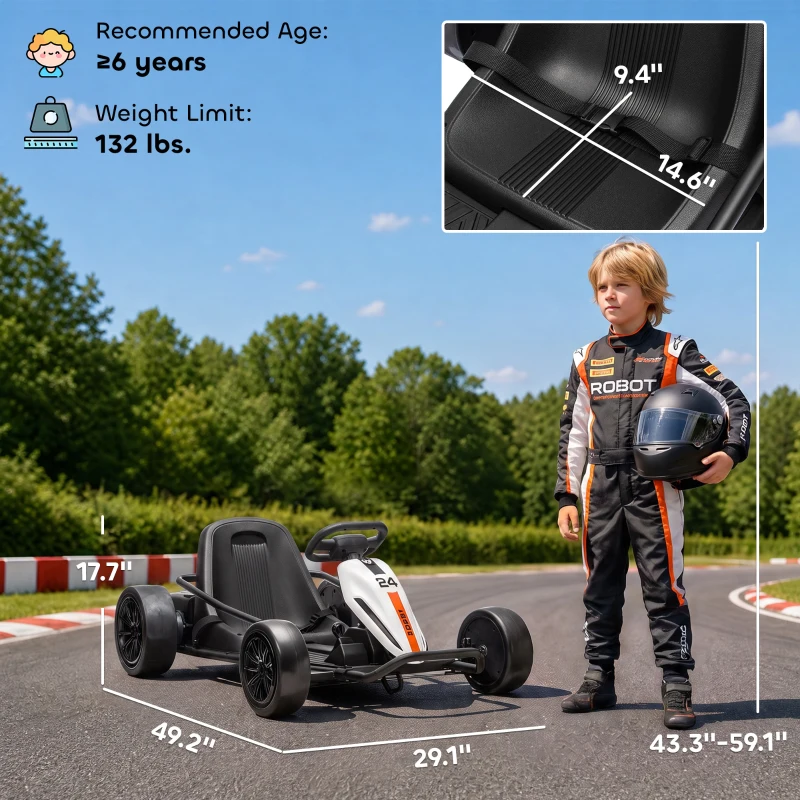Qaba 24V Electric Drift Go Kart for Kids with Dual Motors, Soft Start, PU Wheels, 7.5MPH High Speed, for Ages 6+, White