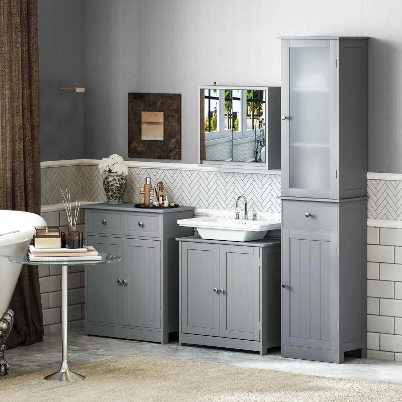 kleankin Freestanding Bathroom Floor Cabinet, Organizer Floor Tower with 2 Door, 2 Drawers, Adjustable Shelf, Grey