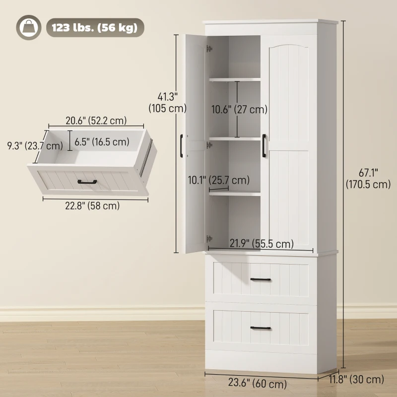 HOMCOM Tall Pantry Cabinet, 67" Kitchen Storage Cabinet with Adjustable Shelves and 2 Drawers for Kitchen, Dining Room, White