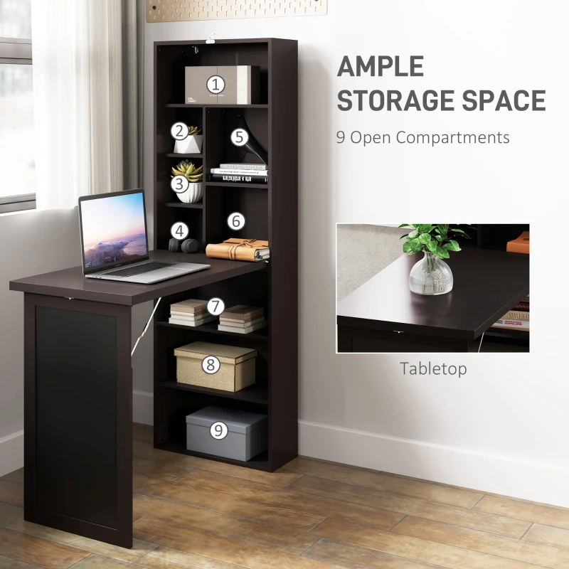HOMCOM Fold-out Convertible Office Desk, Wall Mount Computer Desk with Blackboard and Side Shelf, Brown