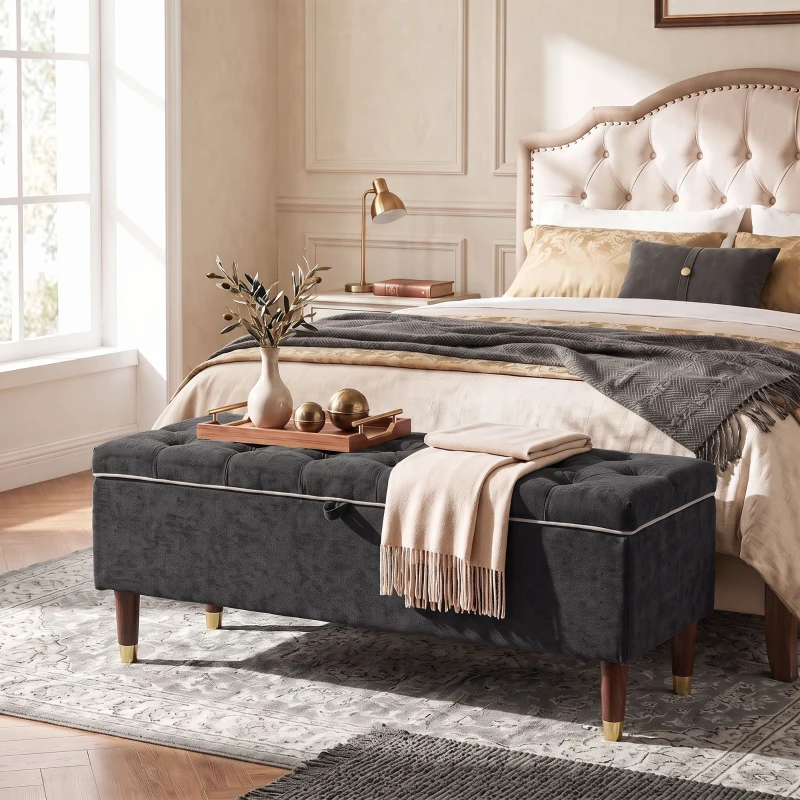 HOMCOM Storage Ottoman Bench, Linen-Look Upholstered Seat, 264 LBS Capacity, End of Bed Bench, Dark Grey