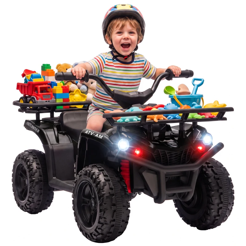 Qaba 12V Kids ATV, Electric Ride On Quad with Dual Motors, Soft Start, Battery Display, Music, Lights for 3-8 Years, Black