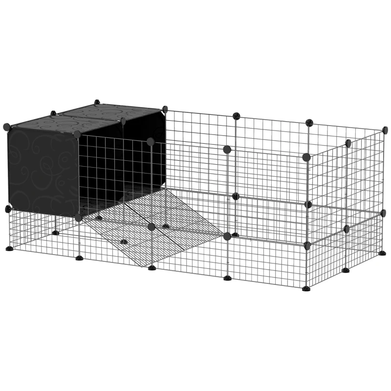 PawHut Guinea Pig Cage, Small Animal Playpen with 31 Panels, Elevated Huts, Non-Slip Mats, Black