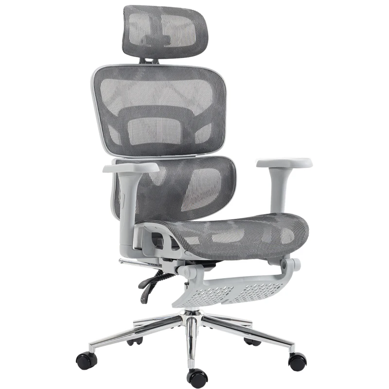 HOMCOM Ergonomic Office Chair with Lumbar Support, 2D Headrest, Mesh Reclining Desk Chair with Footrest, Swivel Wheels, Grey