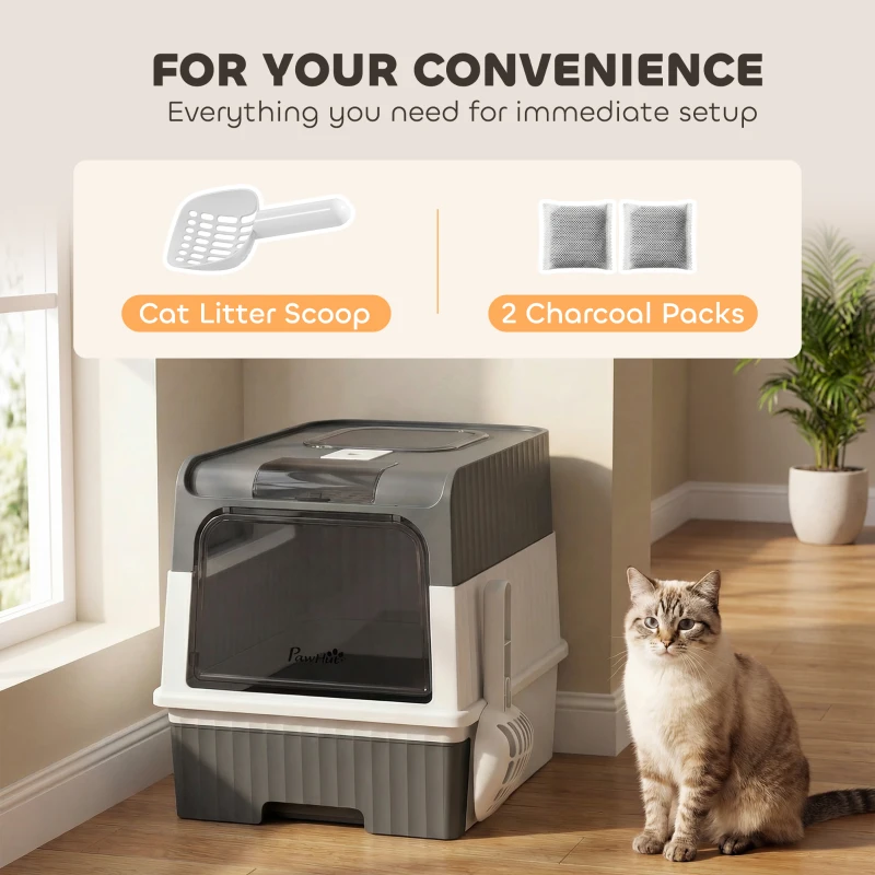 PawHut Cat Litter Box Hooded Cat Litter Tray with Drawer Pan Front Entry & Top Exit Easy Cleaning Gray