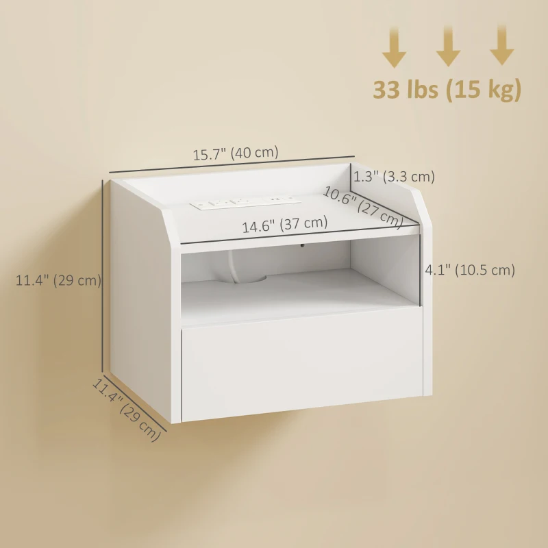 HOMCOM Wall Mounted Bedside Table, Set of 2 Floating Nightstand with Charging Station, Drawer and Open Shelf for Bedroom, White