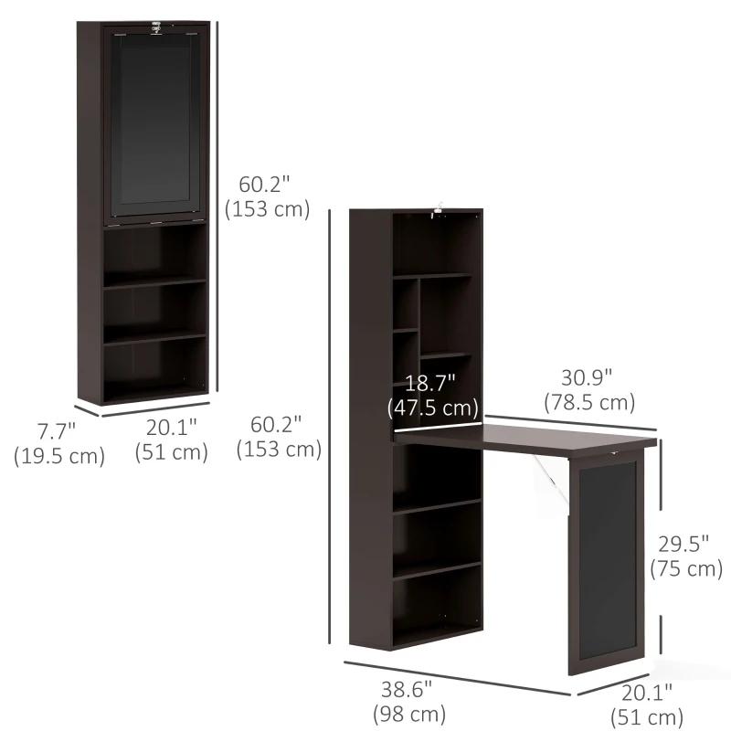 HOMCOM Fold-out Convertible Office Desk, Wall Mount Computer Desk with Blackboard and Side Shelf, Brown