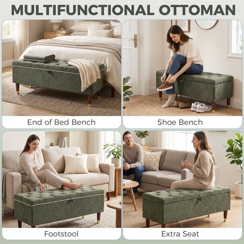 HOMCOM Storage Ottoman Bench, Linen-Look Upholstered Seat, 264 LBS Capacity, End of Bed Bench, Green