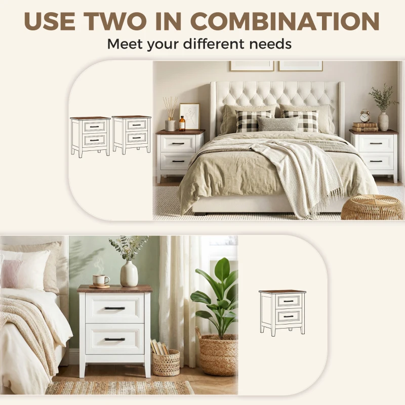 HOMCOM Farmhouse Nightstand Set of 2, Bedside Tables with 2 Drawers, Wood-Effect Top, White