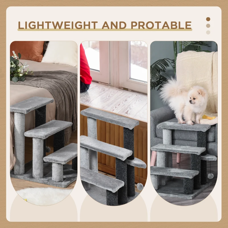 PawHut Cat Stairs for Bed, Couch 3 Steps, Small Cat Tree for Indoor Cats with Scratching Posts Toy Ball, 17.5" x 15.5" x 19"