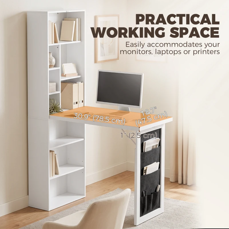 HOMCOM Fold-out Computer Desk with Storage Shelves, Bag, Wall Mount Home Office Desk, Writing Study Table with Bookshelf, White