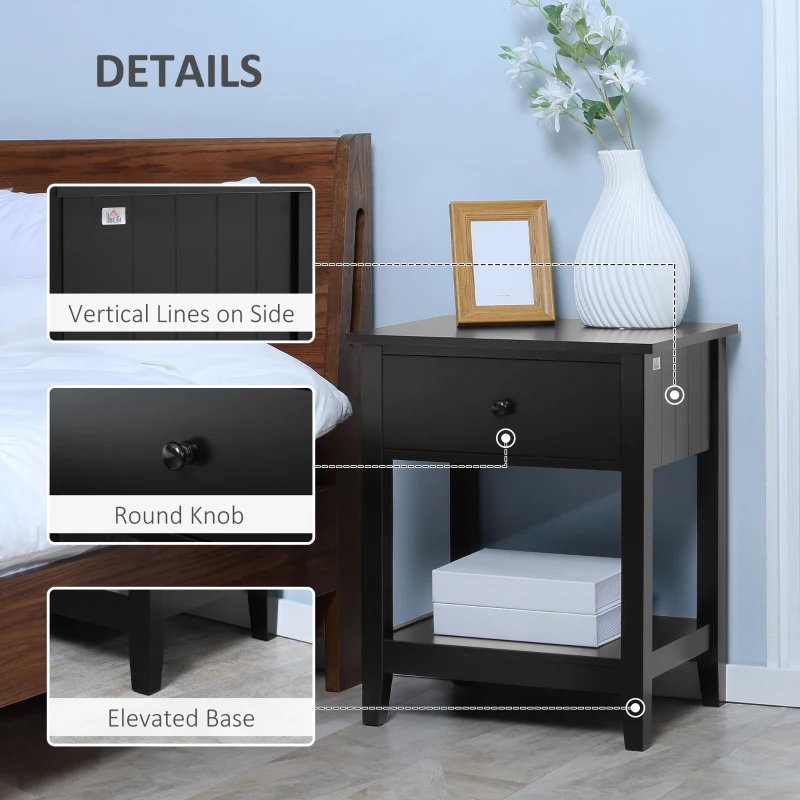 HOMCOM Modern Style Nightstand, Small End Table with Drawer and Storage Shelf for Bedroom, Living Room, Black