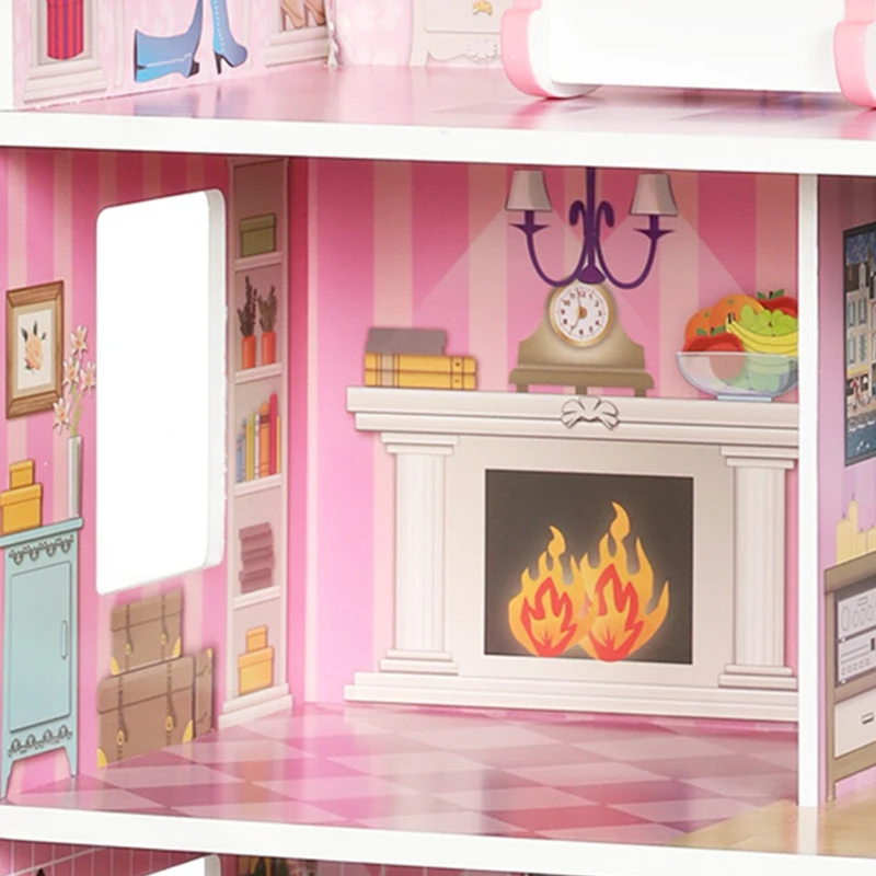 Qaba Dollhouse with 8 PCS Accessories, Dreamhouse Villa with LED Light, 3-Story Doll House with 6 Rooms for Girls 3-6 Years