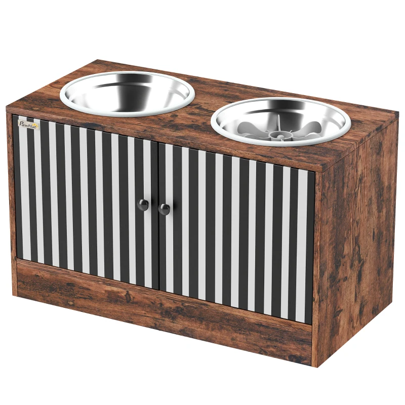 PawHut Raised Dog Bowls with Storage, Slow Feeder,  2 Stainless Steel Food and Water Bowl Non-Slip, Rustic Brown