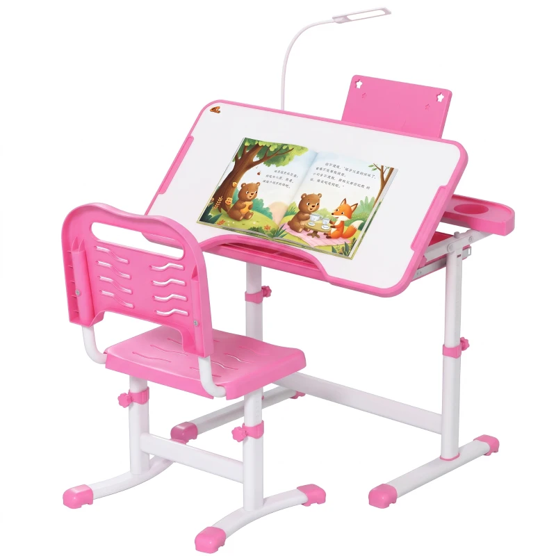 Qaba Kids Desk and Chair Set Height Adjustable Student Writing Desk Children School Study Table with Tilt Desktop, Pink