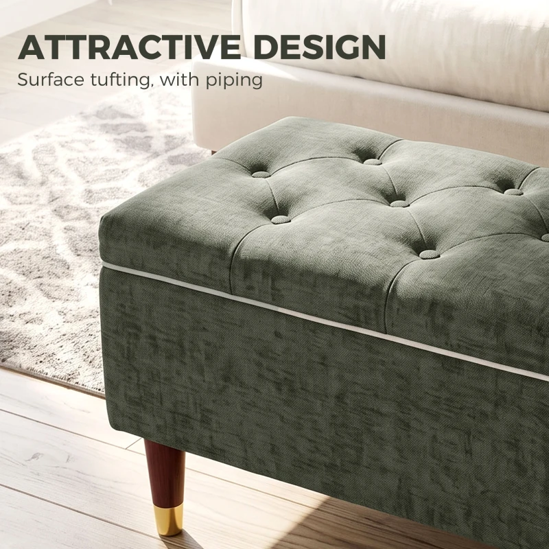 HOMCOM Storage Ottoman Bench, Linen-Look Upholstered Seat, 264 LBS Capacity, End of Bed Bench, Green