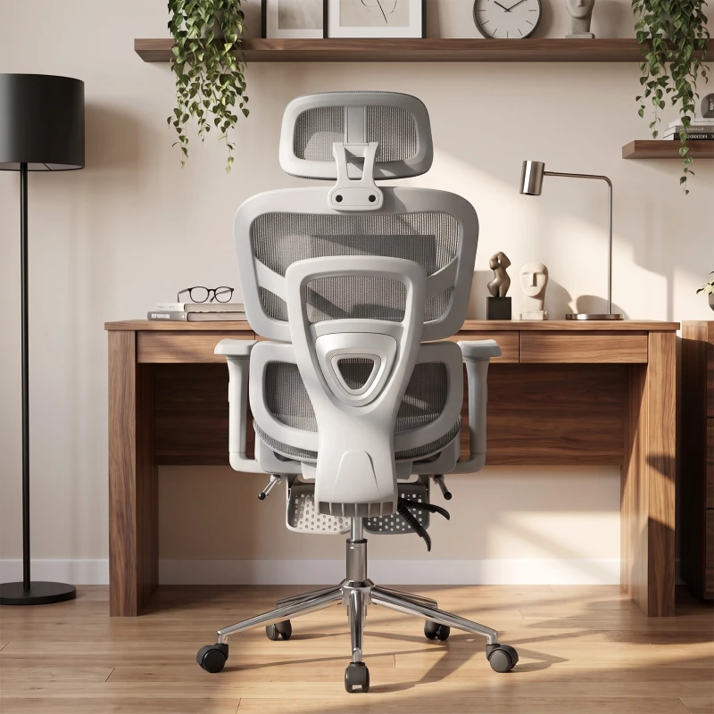 HOMCOM Ergonomic Office Chair with Lumbar Support, 2D Headrest, Mesh Reclining Desk Chair with Footrest, Swivel Wheels, Gray