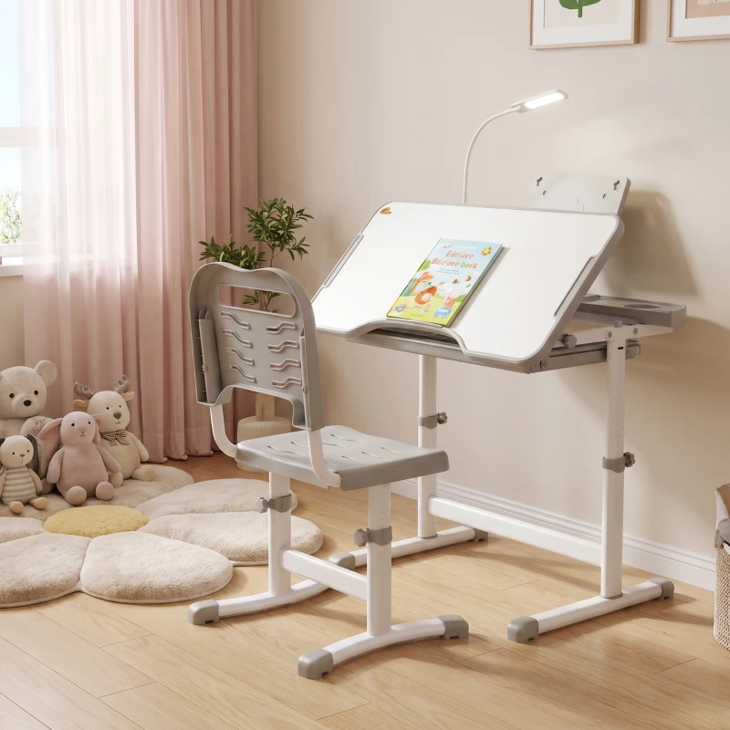 Qaba Kids Desk and Chair Set Height Adjustable Student Writing Desk Children School Study Table with Tilt Desktop, Grey