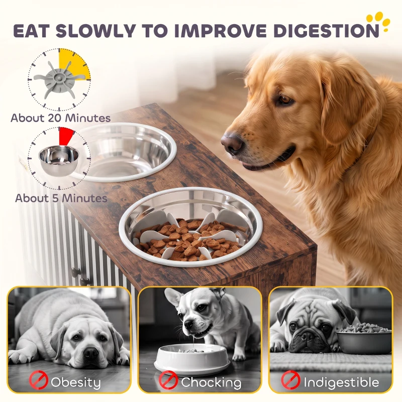 PawHut Raised Dog Bowls with Storage, Slow Feeder,  2 Stainless Steel Food and Water Bowl Non-Slip, Rustic Brown