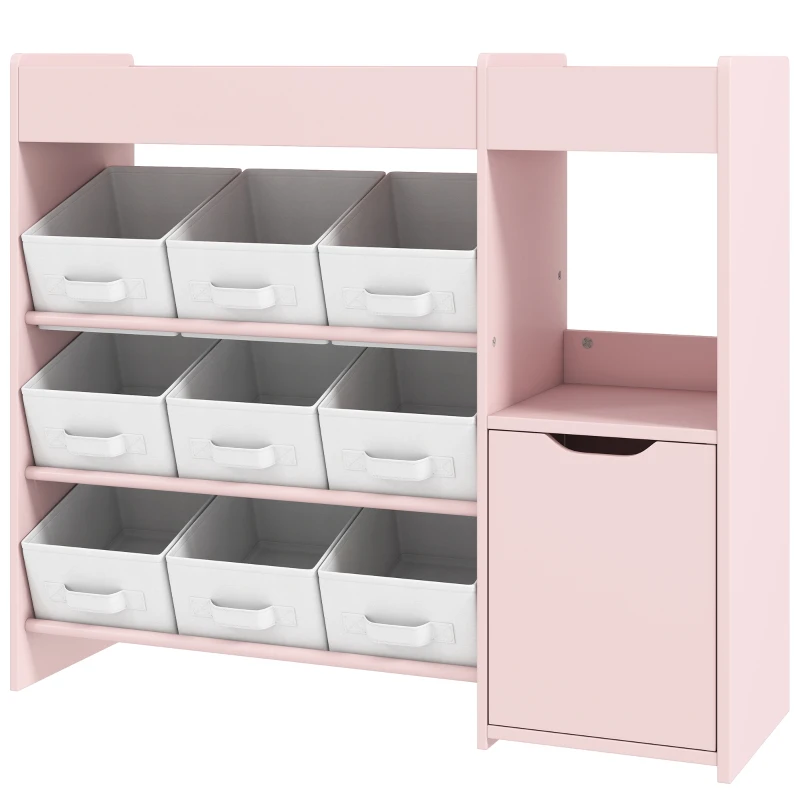 Qaba Toy Storage Organizer with 9 Non-Woven Fabric Boxes, Storage Cabinet & Shelves, for Kids Room, Nursery, Playroom Pink