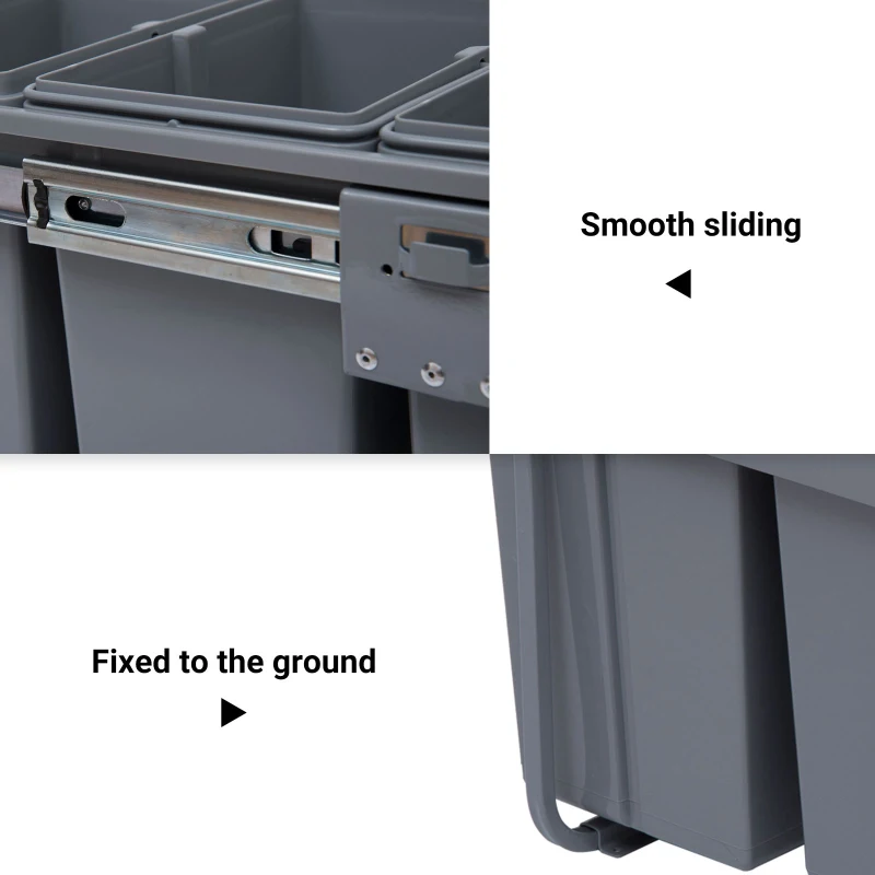 HOMCOM Pull Out Trash Can Under Cabinet, 10.6 Gallon (40L) Slide Out Garbage Can with 3 Removable Compartments, Grey