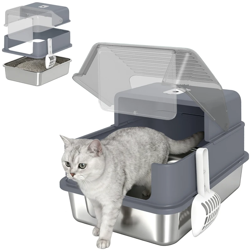PawHut Stainless Steel Cat Litter Box with Lid, High Sided Enclosed Metal Litter Box w/ Scoop, Deodorization Bags for Cats