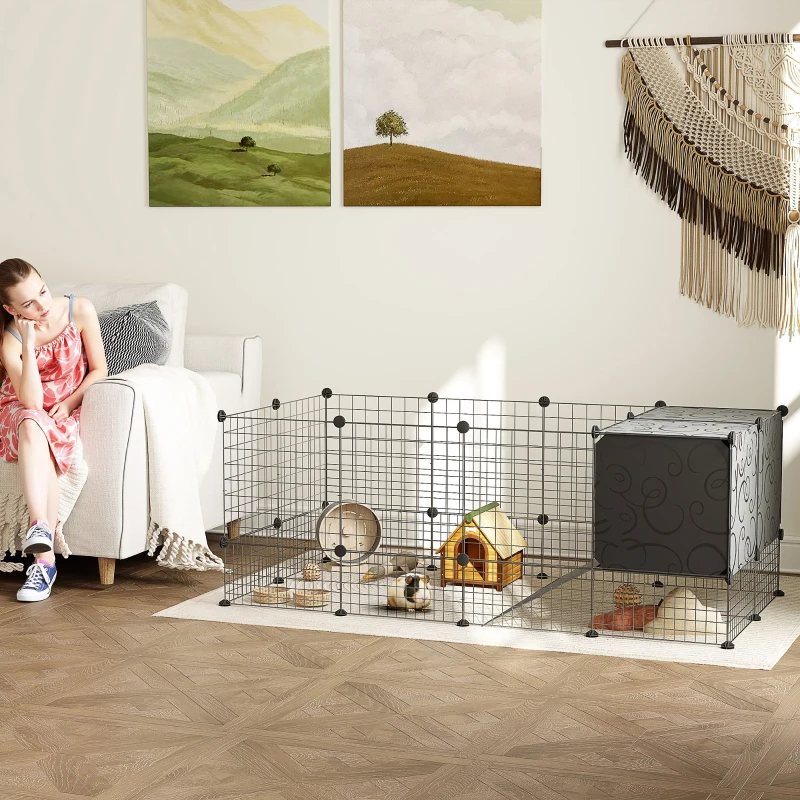 PawHut Guinea Pig Cage, Small Animal Playpen with 31 Panels, Elevated Huts, Non-Slip Mats, Black