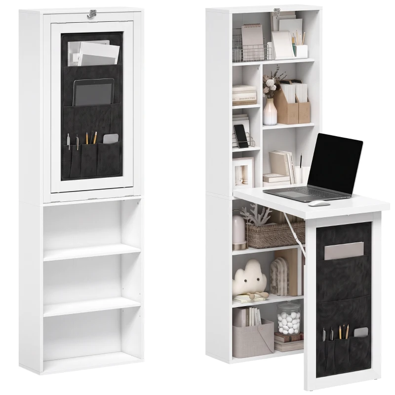 HOMCOM Fold-out Computer Desk with Storage Shelves, Bag, Wall Mount Home Office Desk, Writing Study Table with Bookshelf, White