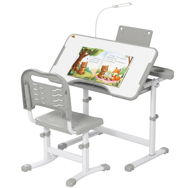Qaba Kids Desk and Chair Set Height Adjustable Student Writing Desk Children School Study Table with Tilt Desktop, Grey