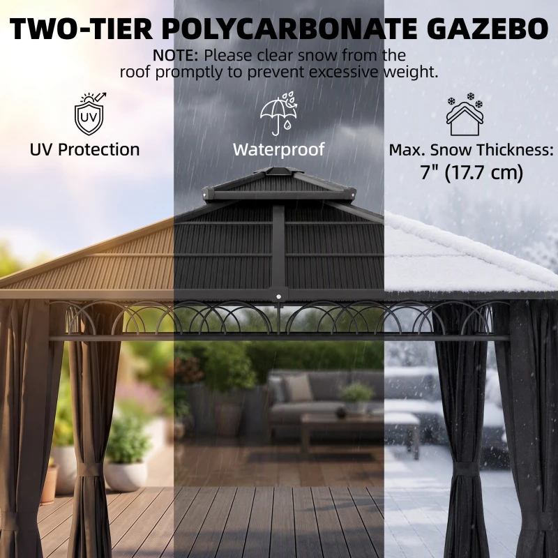 Outsunny 10' x 10' Outdoor Hardtop Gazebo Canopy w/ Double PC Roof, Steel Frame, Nettings, Curtains for Garden Lawn Deck, Black