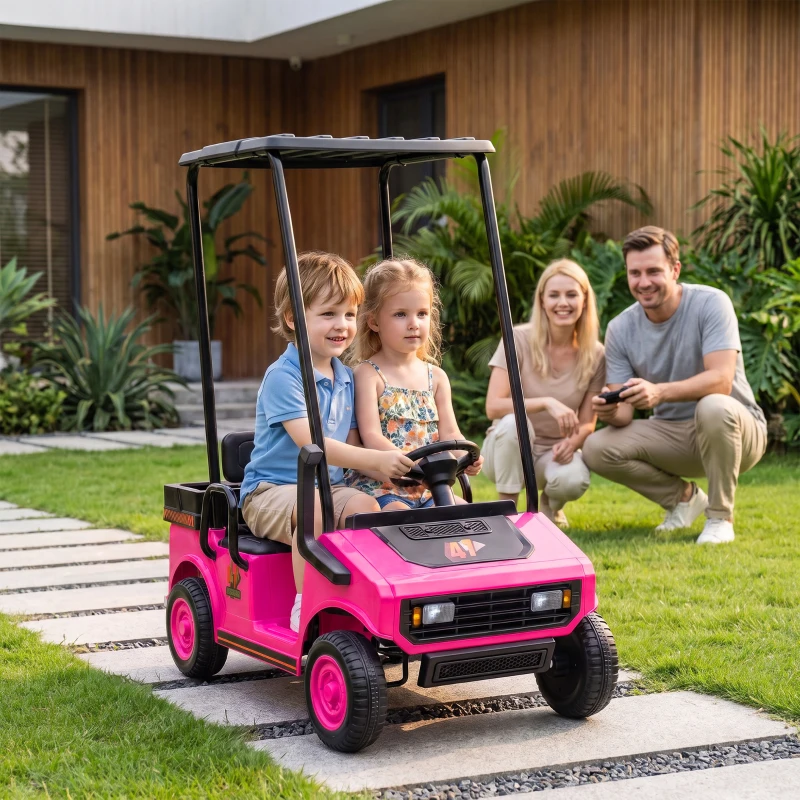 Qaba 24V Kids Golf Cart 2WD 2-Seater with Remote, Soft Start, Rear Suspension, Sunshade, Storage, Gift for 3-6 Years, Pink