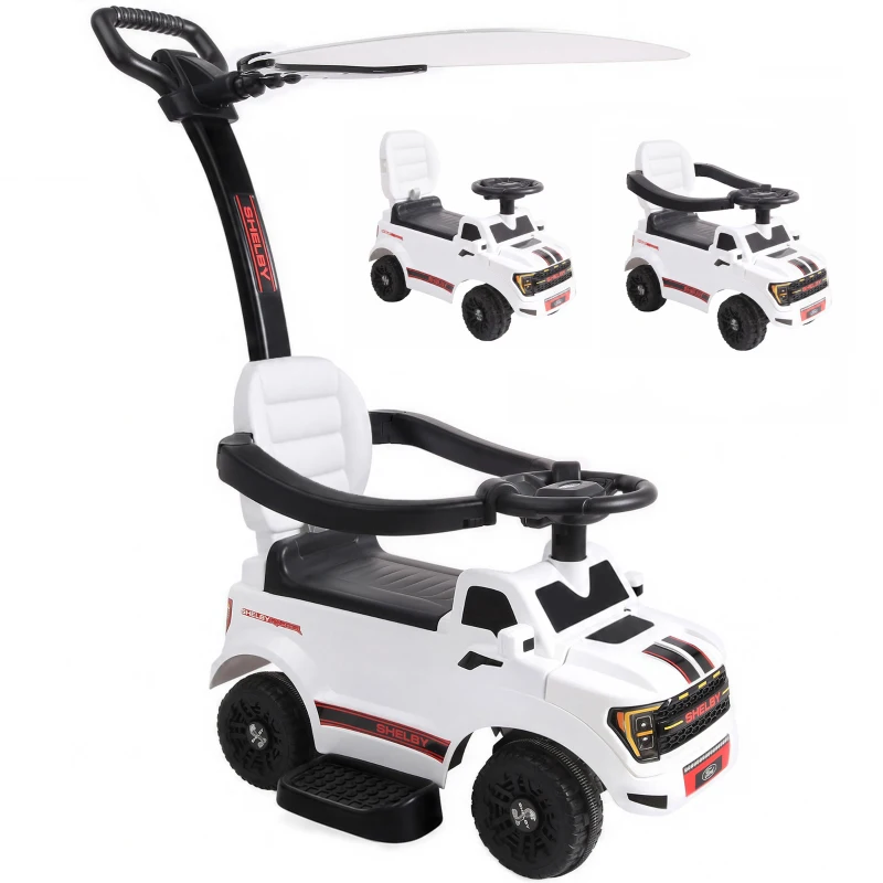 Qaba 3-in-1 Push Car for 1-3, Licensed FORD Shelby Sliding Walking Car with Parent Handle, Canopy, Guardrail, Storage, White
