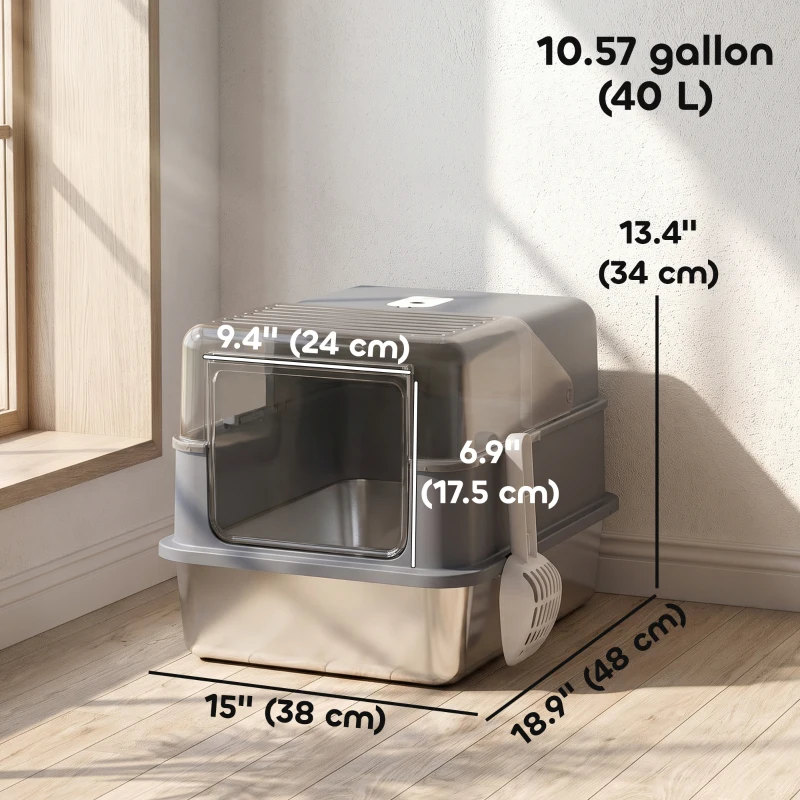 PawHut Stainless Steel Cat Litter Box with Lid, High Sided Enclosed Metal Litter Box w/ Scoop, Deodorization Bags for Cats