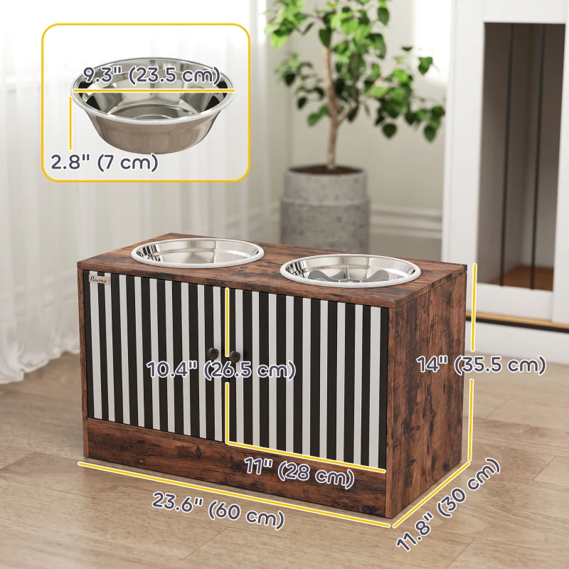 PawHut Raised Dog Bowls with Storage, Slow Feeder,  2 Stainless Steel Food and Water Bowl Non-Slip, Rustic Brown