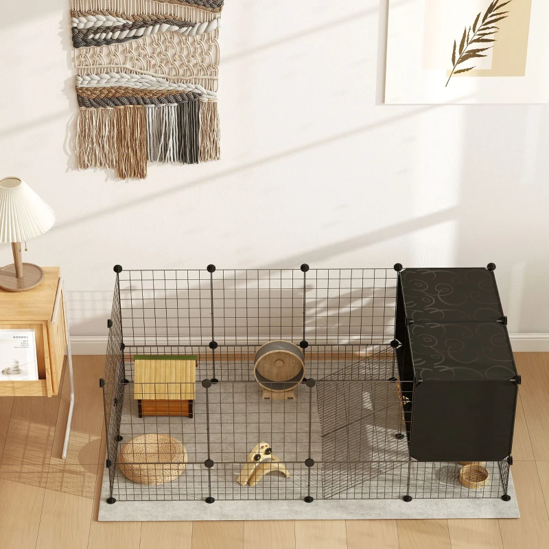 PawHut Guinea Pig Cage, Small Animal Playpen with 31 Panels, Elevated Huts, Non-Slip Mats, Black