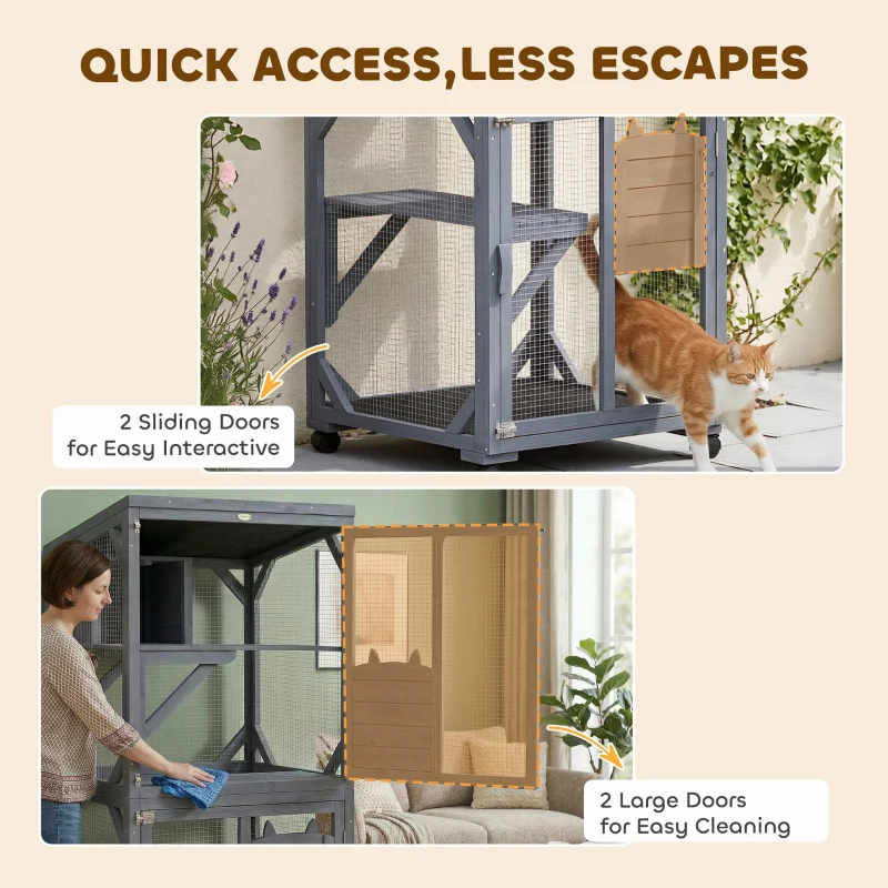 PawHut Movable Catio Outdoor Cat Enclosure with Resting Box, 3 Jumping Platforms, Waterproof Asphalt Roof for Outdoor Indoor