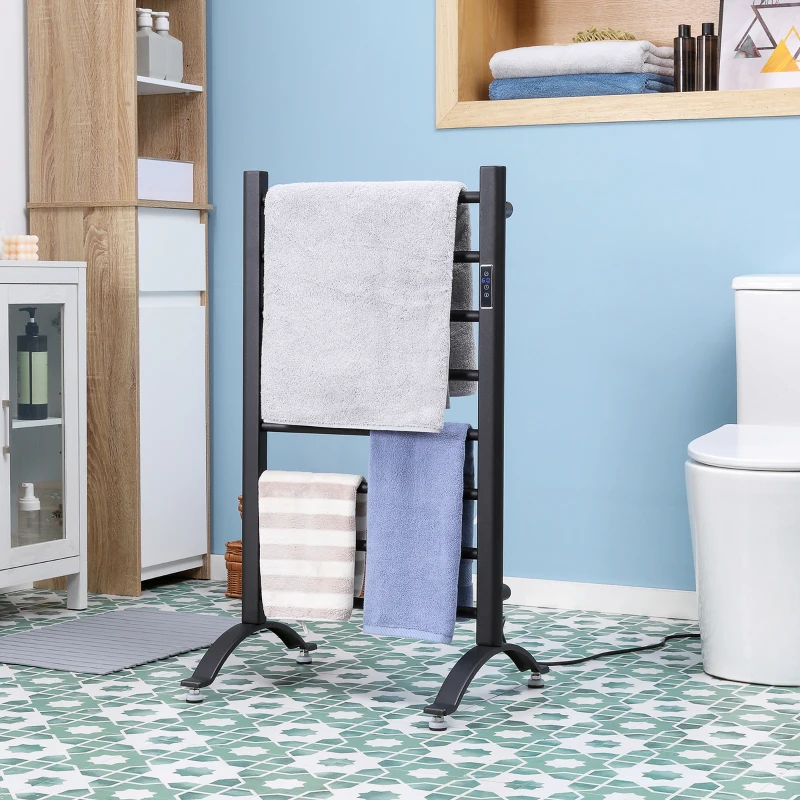 HOMCOM 8-Bar Heated Towel Warmer Rack with Built-in Timer and LED Indicators, Wall Mounted & Free Standing Carbon Steel Electric Towel Bar with Adjustable Temperature, Black