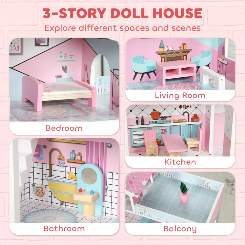 Qaba Wooden Doll House, Large 3-Storey Modern Dollhouse with 6 Rooms and 10 Accessories, for Girls Boys 3-6 Years, Pink