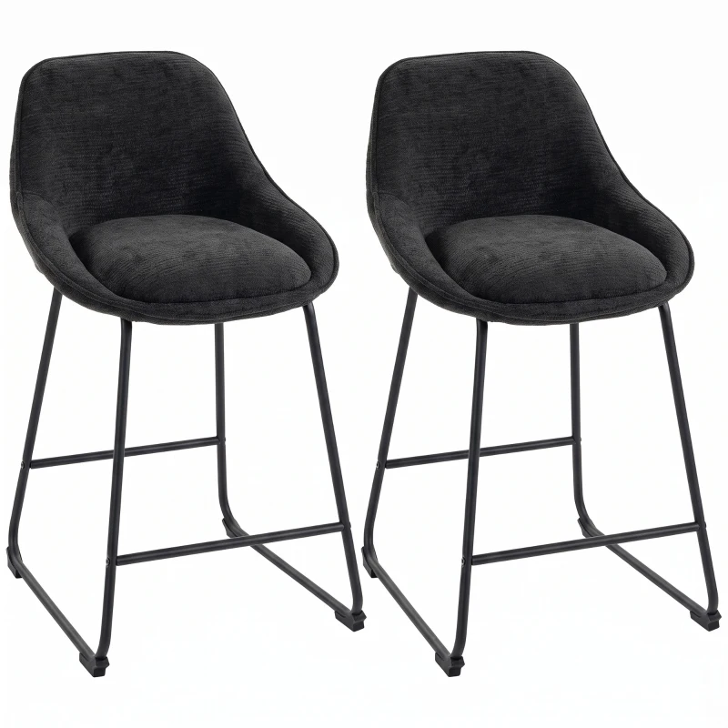 HOMCOM Bar Stools Set of 2 Chenille Barstools Counter Height Bar Chairs Backrest Footrest Black