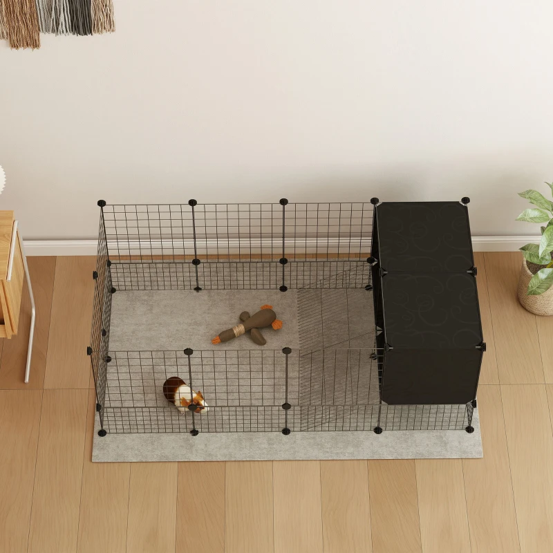 PawHut Guinea Pig Cage, Small Animal Playpen with 31 Panels, Elevated Huts, Non-Slip Mats, Black