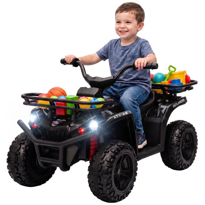 Qaba 12V Kids ATV, Electric Ride On Quad with Dual Motors, Soft Start, Battery Display, Music, Lights for 3-8 Years, Black