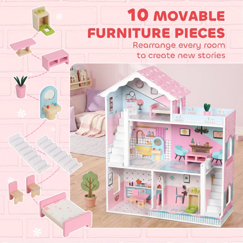Qaba Wooden Doll House, Large 3-Storey Modern Dollhouse with 6 Rooms and 10 Accessories, for Girls Boys 3-6 Years, Pink