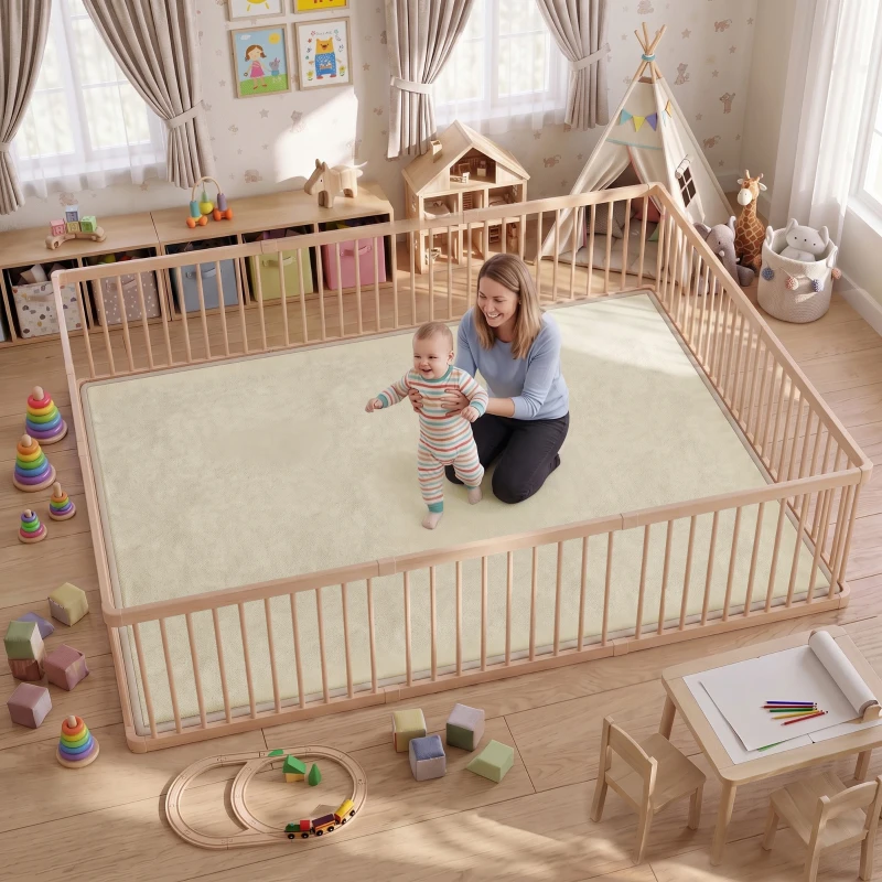 Qaba 1.2" Thick Baby Play Mat, 110" x 79" Playpen Mat, Non-Slip, Water-Resistant, Soft Flannel for Crawling, Cream White