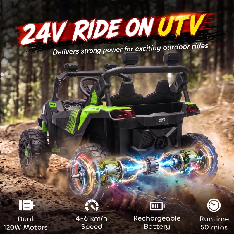 Qaba 24V 2 Seater Ride On Truck Car for Big Kids with Remote Control, Dual Motors, 4-Wheel Suspension for Ages 3-8, Green