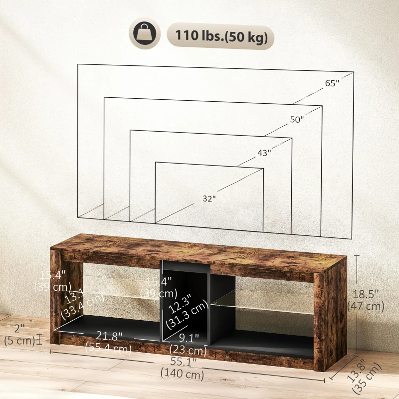 HOMCOM TV Stand Cabinet with LED Lights and Remote Control for TVs up to 65" with Storage Shelves and Compartment Rustic Brown