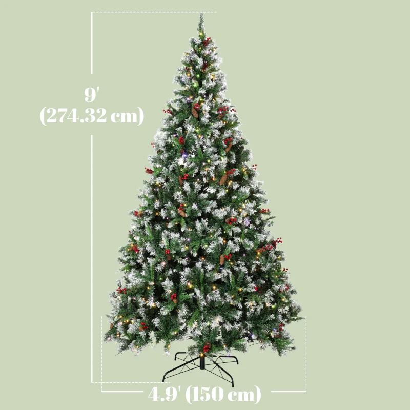 HOMCOM 9ft Flocked Prelit Christmas Tree Spruce, Dual Colour, Remote, Hinged Artificial Xmas Tree with Pinecones, Berries