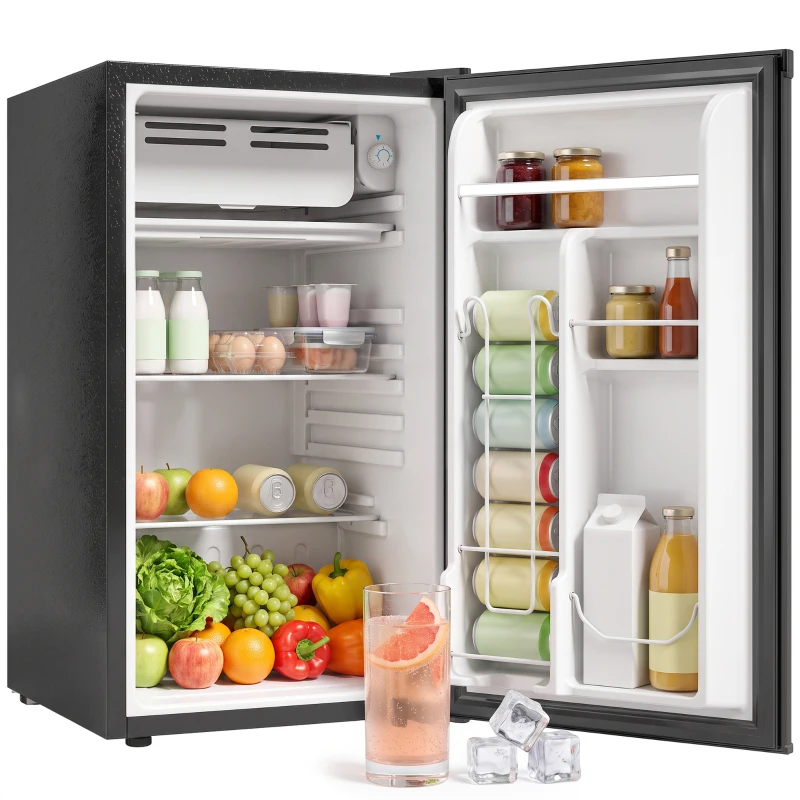 HOMCOM 3.2 Cu Ft Mini Fridge with Chiller Box, Single Door Compact Refrigerator, Adjustable Thermostat, Reversible Door, Black