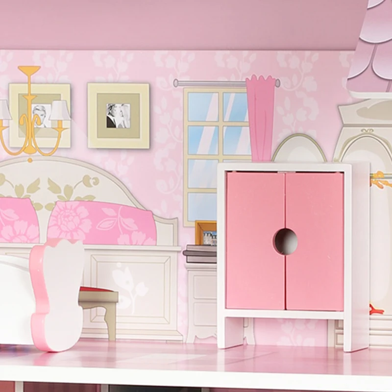 Qaba Dollhouse with 8 PCS Accessories, Dreamhouse Villa with LED Light, 3-Story Doll House with 6 Rooms for Girls 3-6 Years