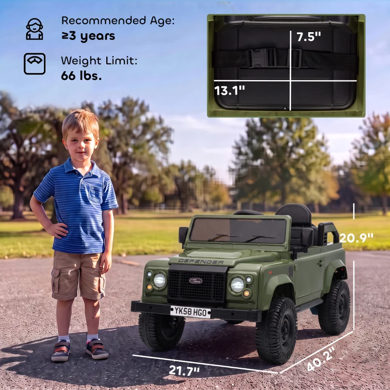 Qaba 12V Electric Car for Kids 3+ Years, Licensed Land Rover Defender Toddler Ride on Car w/ Remote Control, Green