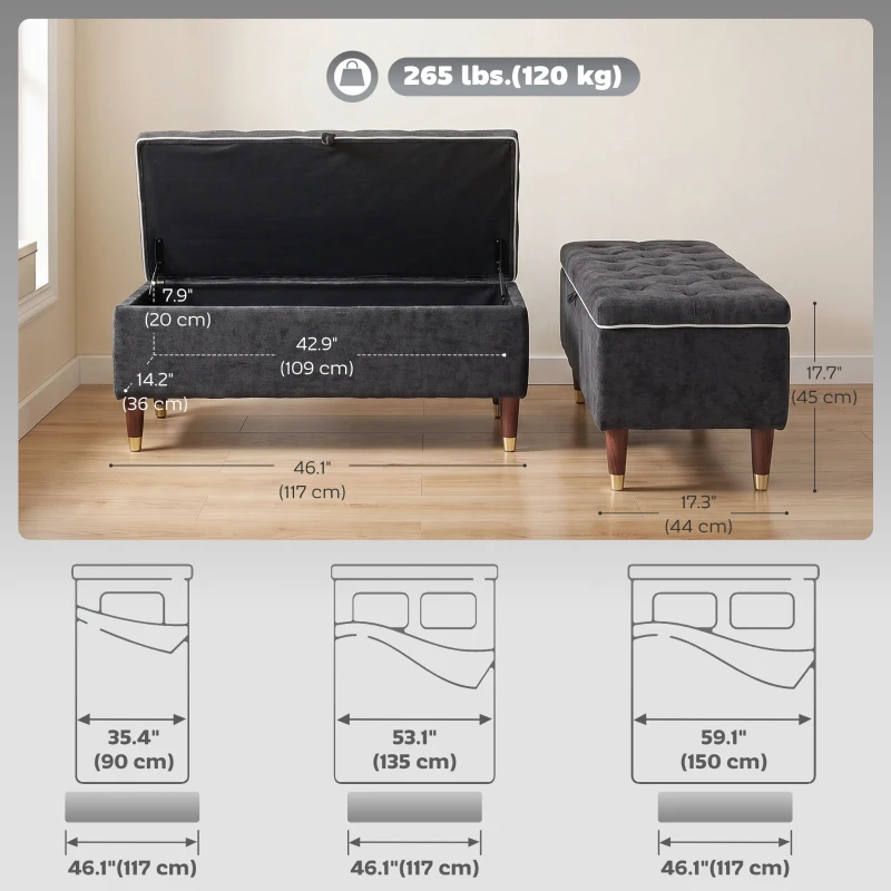 HOMCOM Storage Ottoman Bench, Linen-Look Upholstered Seat, 264 LBS Capacity, End of Bed Bench, Dark Grey